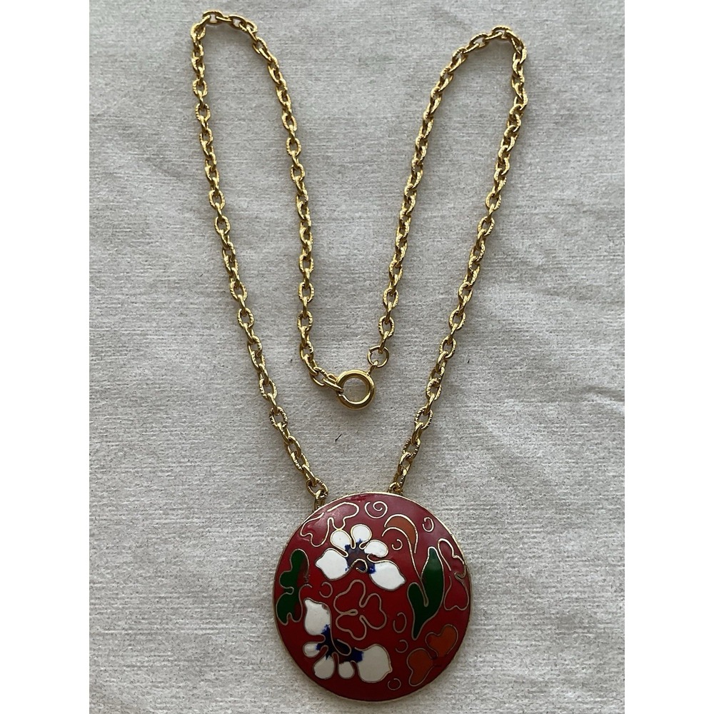 vintage Chinese cloisonné necklace Red Round Pendant Estate Jewelry